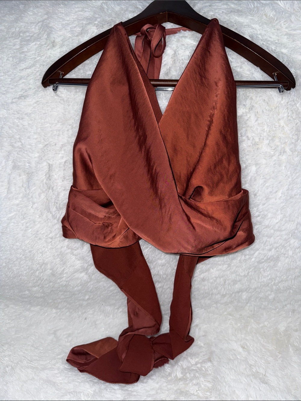 Express Rust Brown Satin Crop Halter Top
